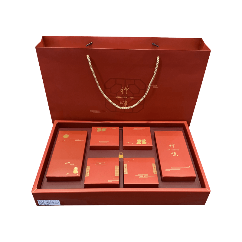 Vlastné papierové balenie Mooncake Darčeková krabička s taškou Sada darčekových balení červená na festival polovice jesene pre 6 kusov
